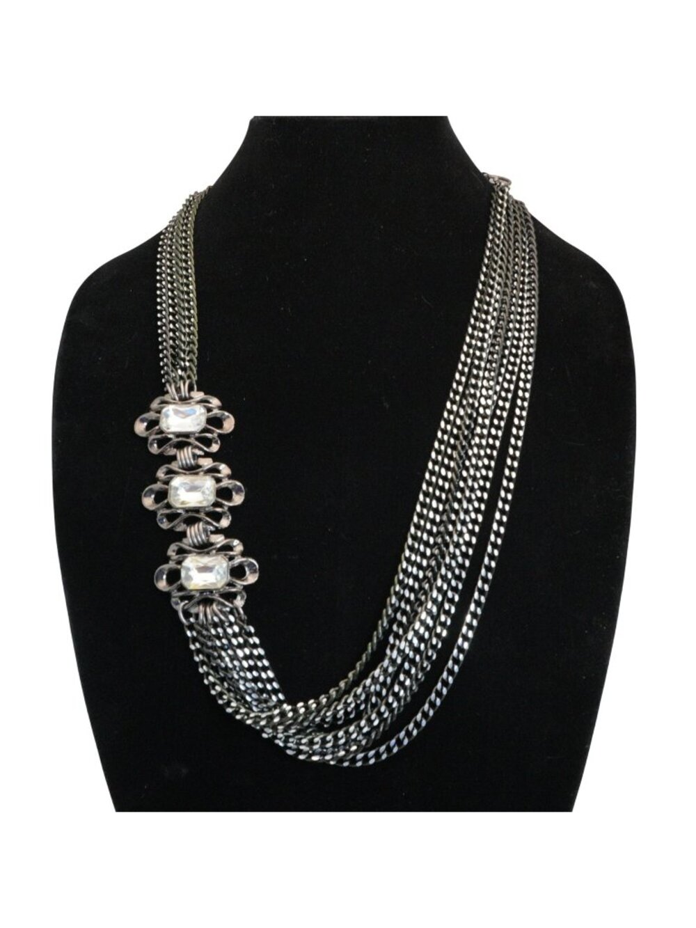 Vintage Multi Strand Gunmetal Tone Chain Necklace Rhinestone Stations 30 Inch